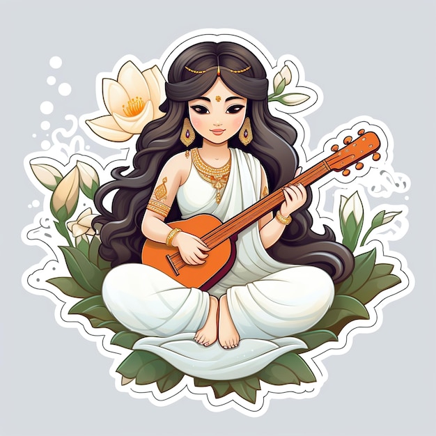 Goddess Maa Saraswati cartoon classical music instruments playing Saraswati Veena