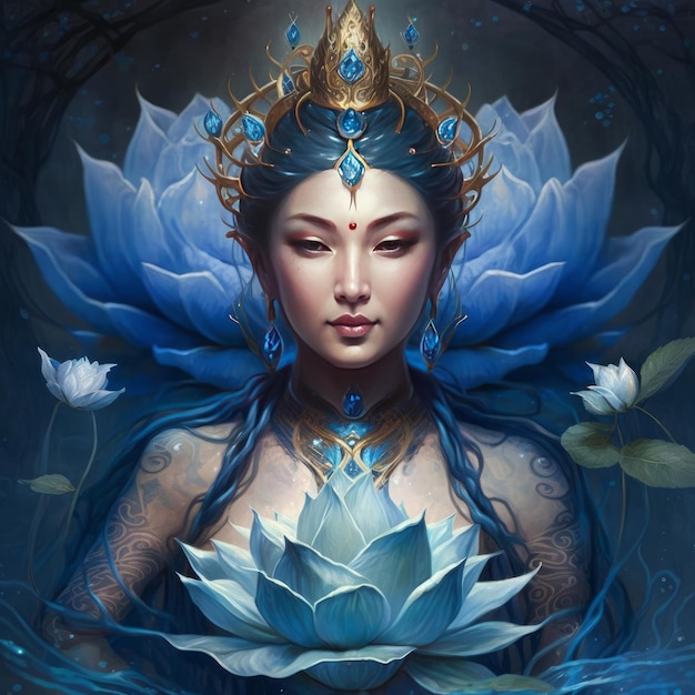 Goddess quan yin rising from a blue lotus generative AI