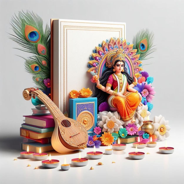 Goddess Saraswati 3d image with lord krishna's peacock feather ai generated