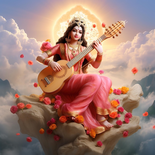 Goddess Saraswati Happy Vasant Panchami Puja sitting on lotus musical instrument Ai Generated