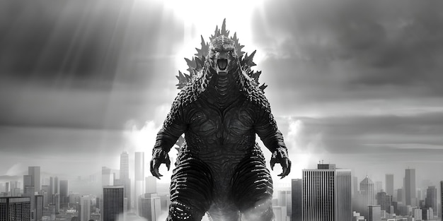 Godzilla in Black and White Digital Art of the Monster Dominating a Cityscape Concept Black and White Digital Art Godzilla Monster Cityscape