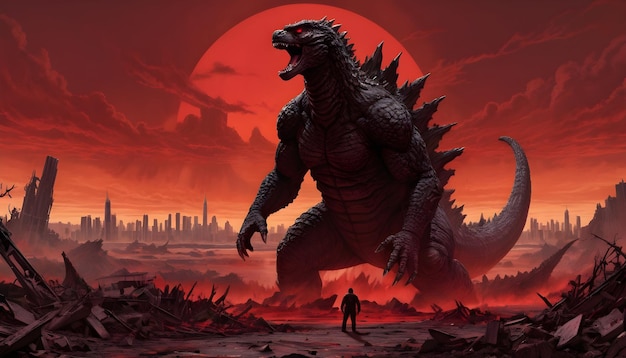 Godzilla in a desolate landscape with a blood red sky and skeletal remains of destroyed structures