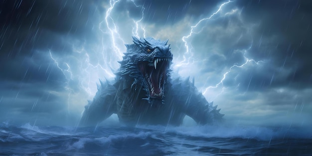 Godzilla emerges from the ocean amidst a storm with lightning Concept Monster Attack Stormy Weather Epic Battle Giant Creature Dramatic Scene