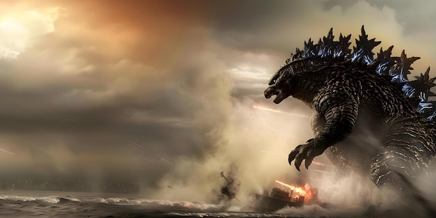 Godzilla emerges from the ocean causing destruction in a disaster movie monster attack Concept Monster Attack Godzilla Ocean Destruction Disaster Movie