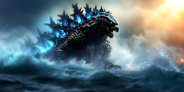 Godzilla emerges from the ocean and wreaks havoc in a disaster movie monster rampage Concept Disaster Movie Monster Rampage Godzilla Emerges Ocean Havoc Wreaking havoc