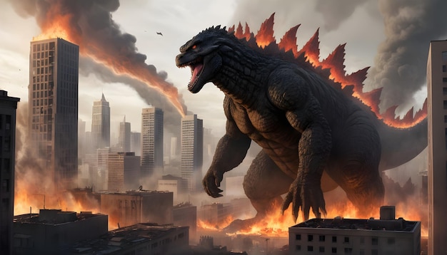 Godzilla in a postapocalyptic cityscape surrounded by fire and smokeG