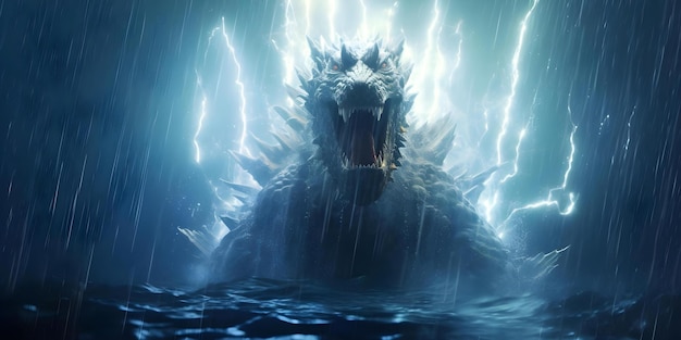 Godzilla rises from the ocean during a thunderstorm Concept Monster Attack Natural Disaster Epic Battle SciFi Fantasy Action Adventure