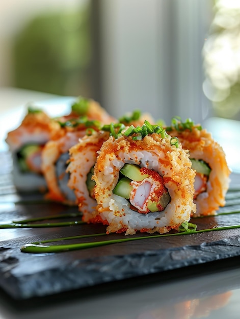 Photo godzilla roll with shrimp tempura avocado and cucumber topped with spicy tuna served on a beige plate