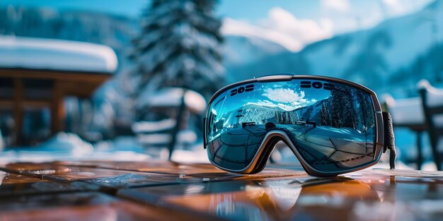 Photo goggles on table reflecting mountains at ski resort apresski restaurant concept ski resort apresski mountain reflection table setting goggles