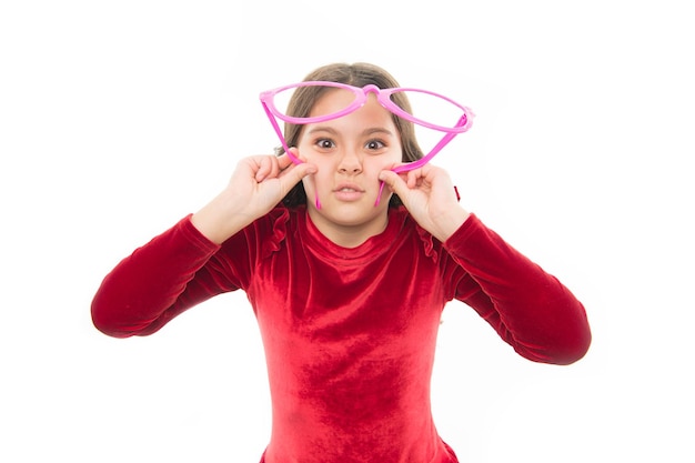 Going on party little girl child with party glasses isolated on white small pretty girl with happy face beauty and fashion skincare and kid hairdresser childrens day childhood happiness