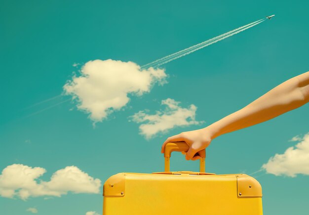 Going on a trip a hand holds a vintage yellow suitcase against the sky with an airplane trail symbolizing travel and adventure