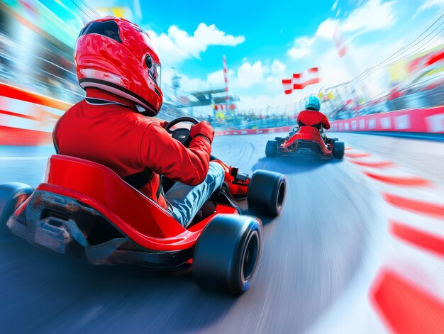 A gokart driver in red helmet and red suit races on a track with another kart