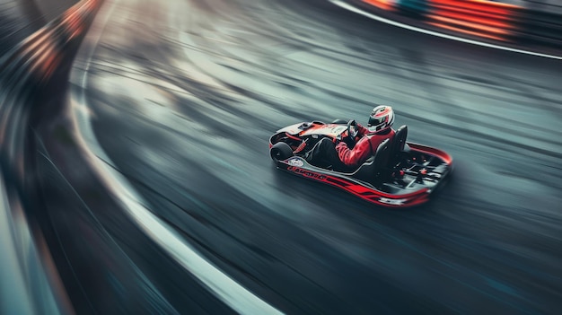 A gokart racer in red speeds through a wet track the motion blur intensifying the sense of speed and excitement