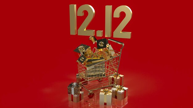 The gold 1212 and gift box on red background for shopping day or promotion marketing 3d rendering