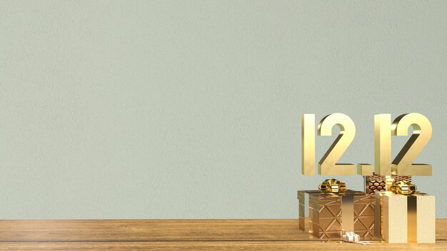 The gold 1212 and gift box on wood table for shopping day or promotion marketing 3d renderingxA