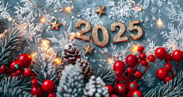 Gold 2025 numbers New Year celebrations with red details and Christmas Tree Branches Background