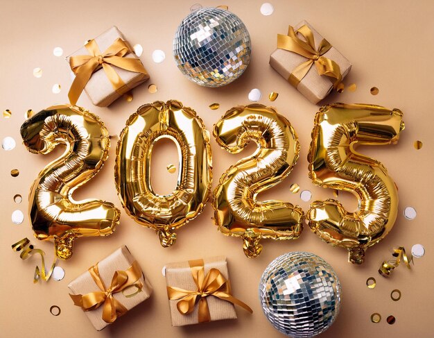 Gold 2025 numerals surrounded by gold confetti and streamers on a white background 2025 New Years E