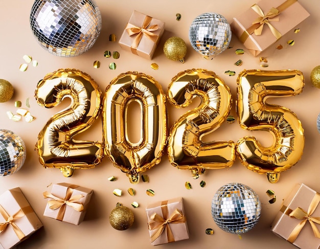 Gold 2025 numerals surrounded by gold confetti and streamers on a white background 2025 New Years E