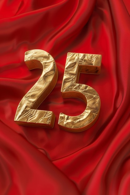 Photo gold 25 number on red fabric background