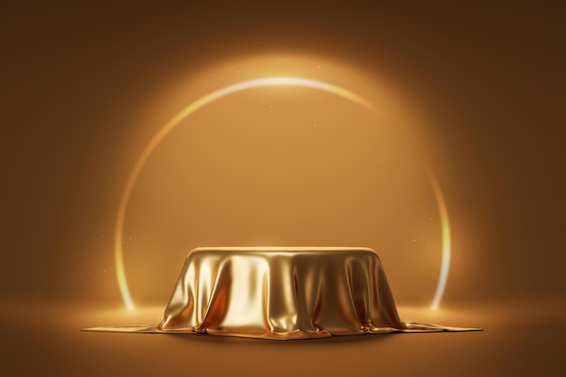 Gold 3d fabric podium presentation studio background of empty stage golden scene pedestal product platform or luxury display mockup modern showcase stand and premium exhibition template on backdrop