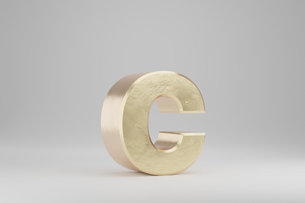 Gold 3d letter C lowercase. Golden letter isolated on white background. Golden alphabet with imperfections. 3d rendered font character.