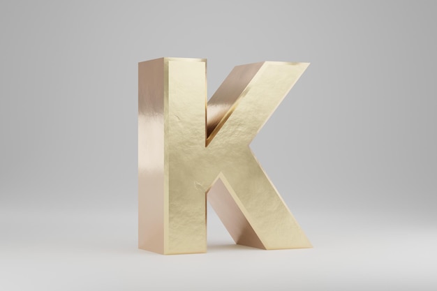 Photo gold 3d letter k uppercase. golden letter isolated on white background. golden alphabet with imperfections. 3d rendered font character.