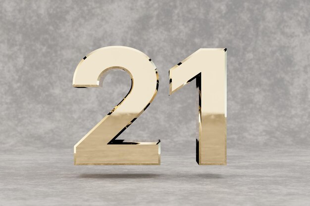 Gold 3d number 21. Glossy golden number on concrete background. Metallic digit with studio light reflections. 3d render.