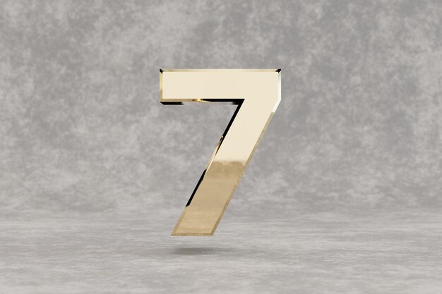 Gold 3d number 7. Glossy golden number on concrete background. Metallic digit with studio light reflections. 3d render.