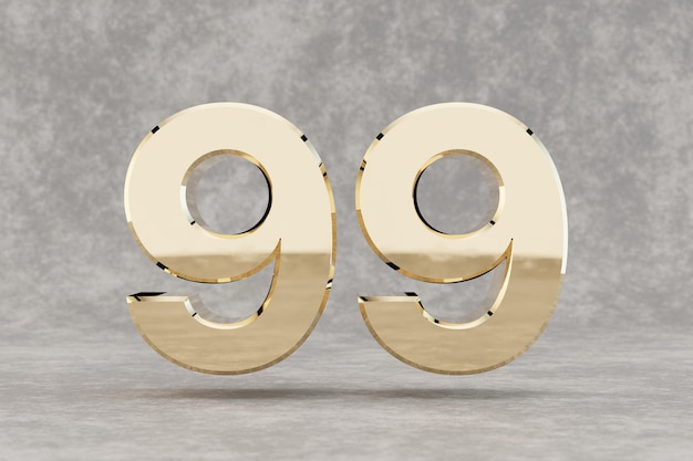 Photo gold 3d number 99. glossy golden number on concrete background. metallic digit with studio light reflections. 3d render.