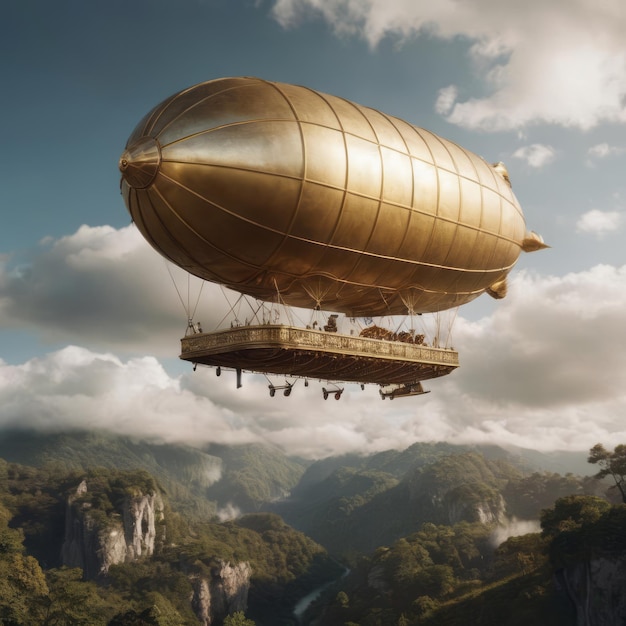 Gold airship soars over mountains two levels people enjoy panoramic view amidst clouds