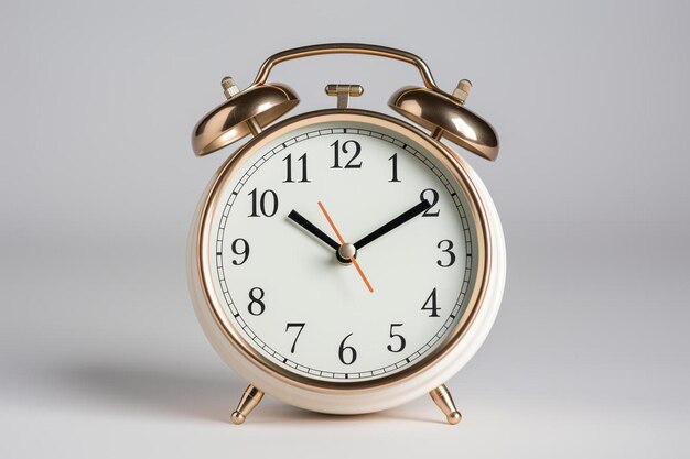 a gold alarm clock with the hands on the numbers 1 and 8.