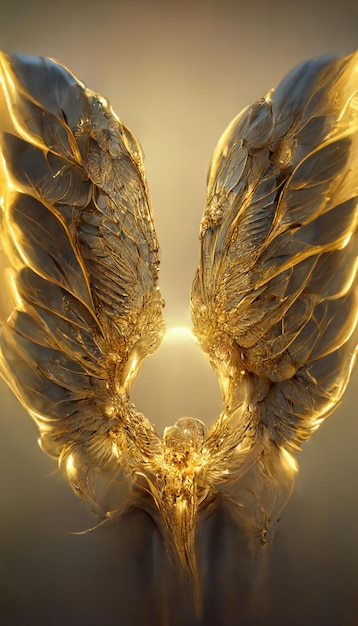 A gold angel with wings that say peace.