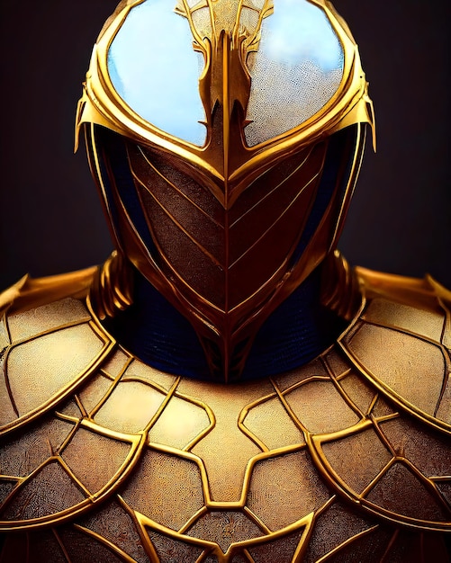 Photo a gold armor with a blue shield and a gold helmet