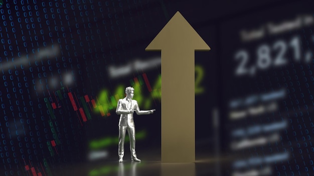 The gold Arrow and Business man 3d rendering