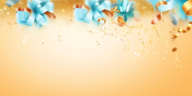 A gold background with a blue bow and a ribbon with a gold glitter.