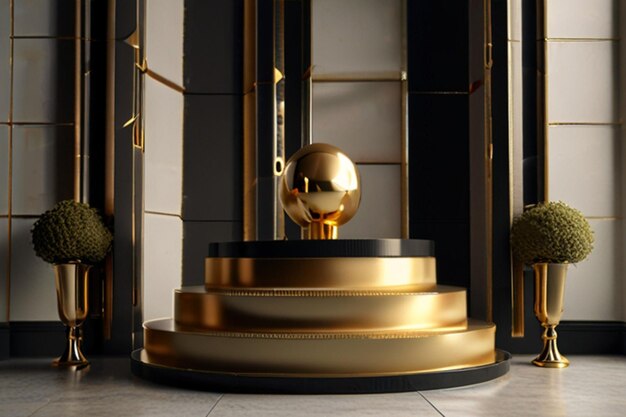 Photo a gold ball sits in front of a building with a gold ball on it