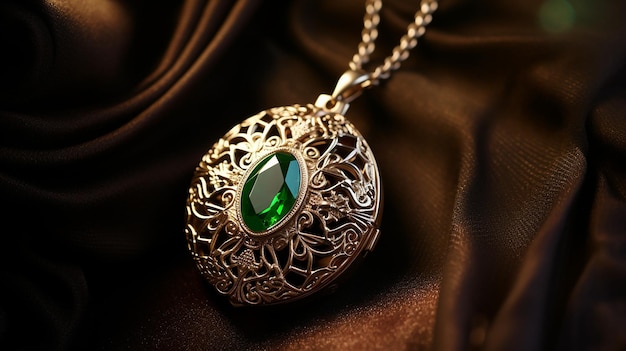 a gold ball with a green stone on it is on a chain