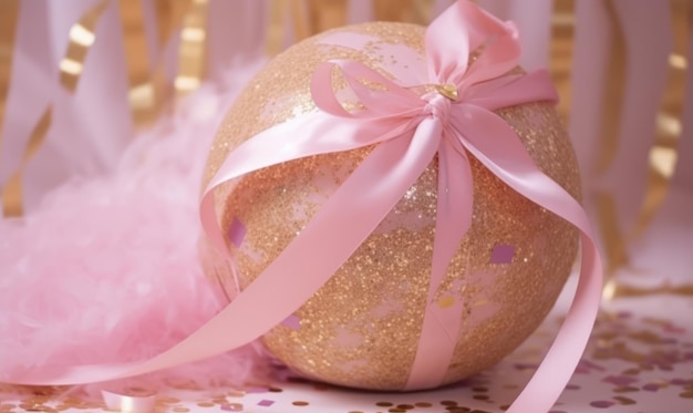 A gold ball with a pink ribbon and a bow on it.