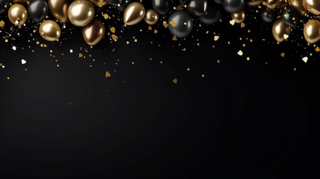 Gold balloon and foil confetti falling on black background