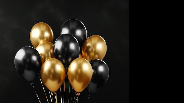 Gold balloons bunch on a black wall background Generative AI