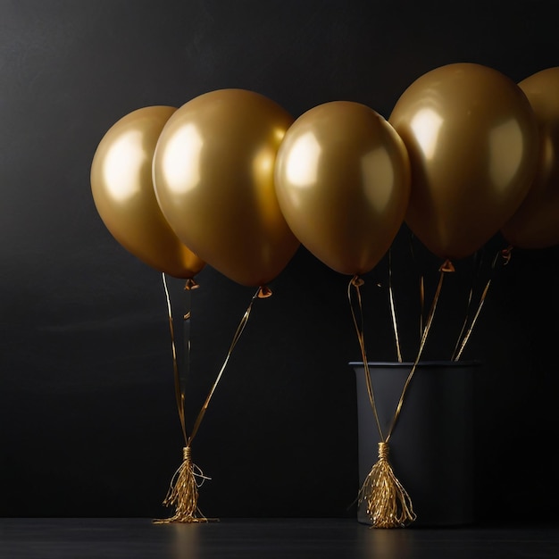 Gold balloons bunch on a black wall background Horizontal banner