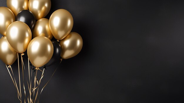 Gold Balloons Bunch on Black Wall Background