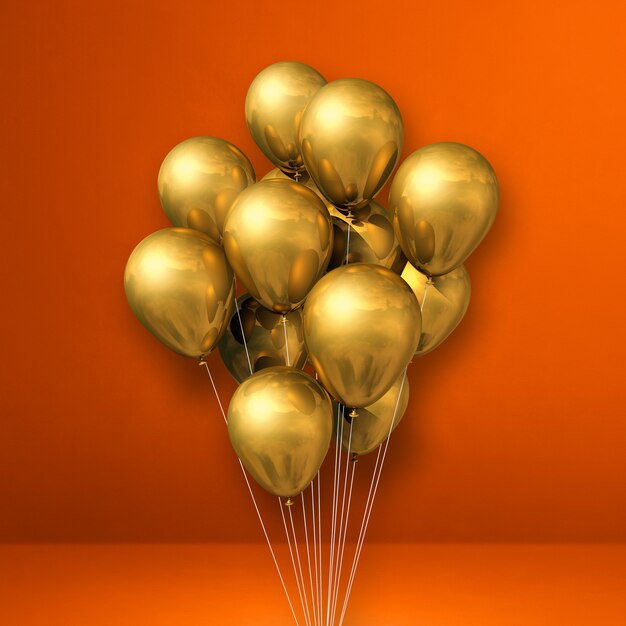 Gold balloons bunch on orange wall. 3D rendering