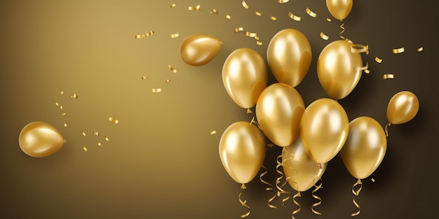 Gold balloons and confetti on a brown background