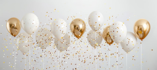 Gold balloons and sparkly confetti on a white background Celebration