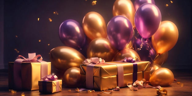 Gold balloons with gift boxes and purple bows