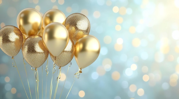 gold balloons with gold glitter and a blue background