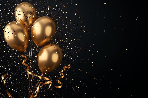 gold balloons with gold sparkles on a black background