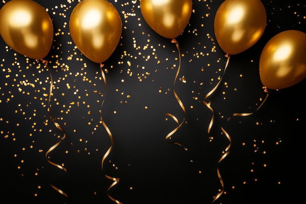 gold balloons with gold sparkles on a black background