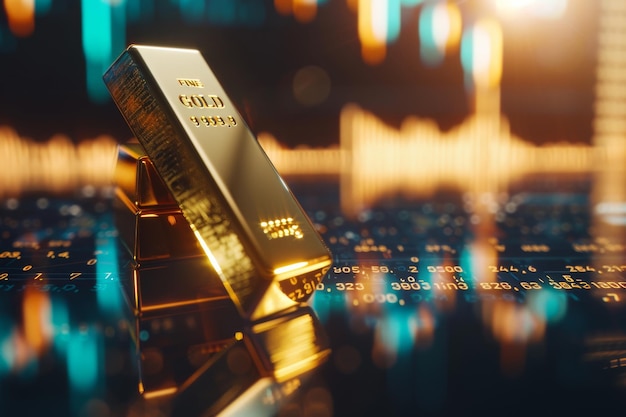 a gold bar juxtaposed with a rising stocks graph diagram on 3d profit graph background global econom